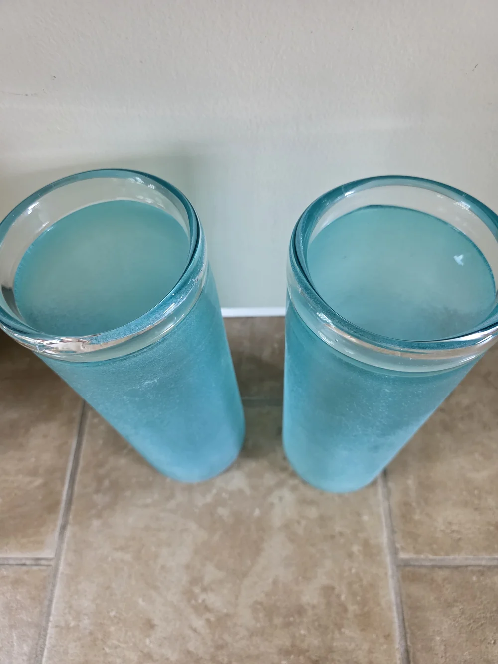Handblown Aqua Blue Frosted Glass Vase Or Canddle Holder Decorative Pair
